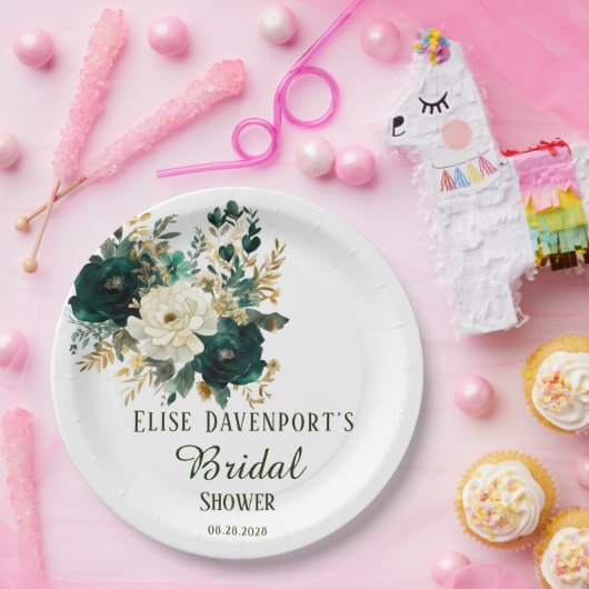 Smaragdgroen en witgouden pioenrozen bruiloft papieren bordje (Feest)