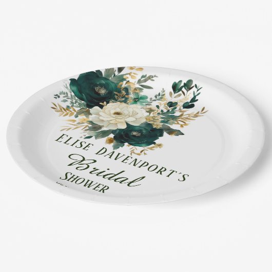 Smaragdgroen en witgouden pioenrozen bruiloft papieren bordje (Gekanteld)