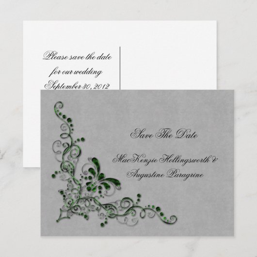 Smaragdgroen en zilver versierde wervelingen redde aankondigingskaart (Voorkant / Achterkant)