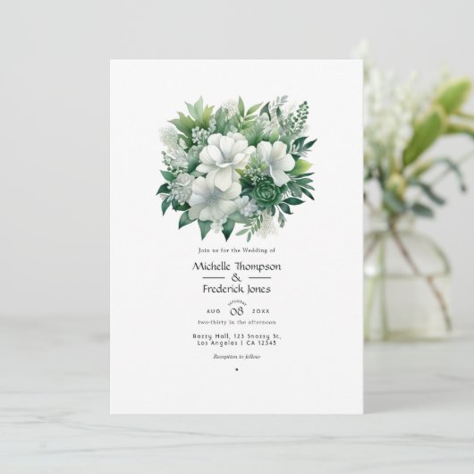 Smaragdgroen en zilveren bloemenbruiloft kaart (Staand voorkant)