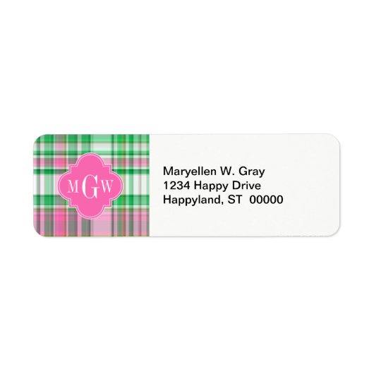Smaragdgroen Felroze Wit Preppy Madras Monogram Etiket (Voorkant)