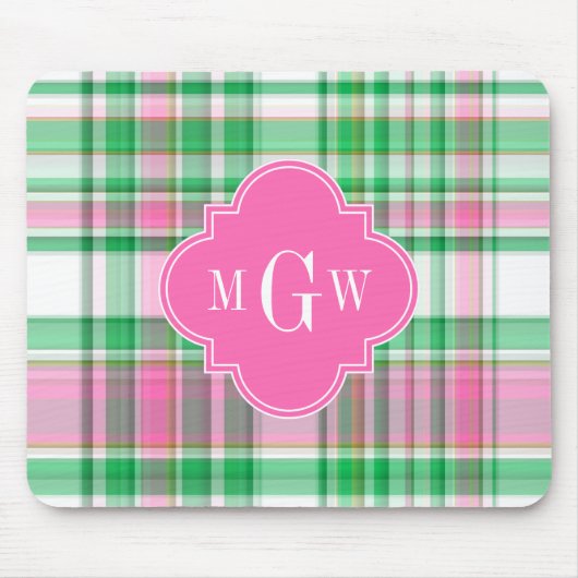 Smaragdgroen Felroze Wit Preppy Madras Monogram Muismat (Voorkant)