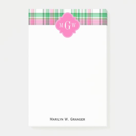 Smaragdgroen Felroze Wit Preppy Madras Monogram Post-it® Notes (Voorkant)