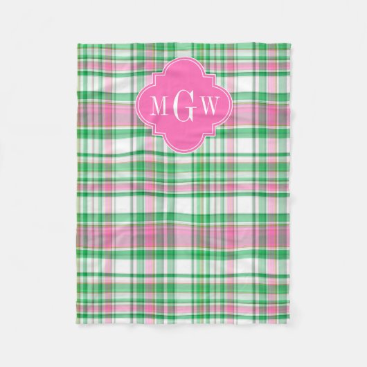 Smaragdgroen Felroze Witte Preppy Madras Monogram Fleece Deken (Voorkant)
