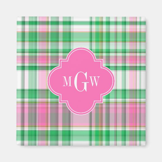 Smaragdgroen Felroze Witte Preppy Madras Monogram Magneet (Voorkant)