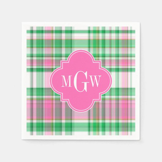 Smaragdgroen Felroze Witte Preppy Madras Monogram Servetten (Voorkant)