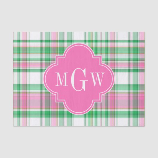Smaragdgroen Felroze Witte Preppy Madras Monogram Tissuepapier (Voorkant)