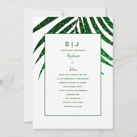 Smaragdgroen Glitter Palm Leaf Tropische bruiloft Kaart (Voorkant)