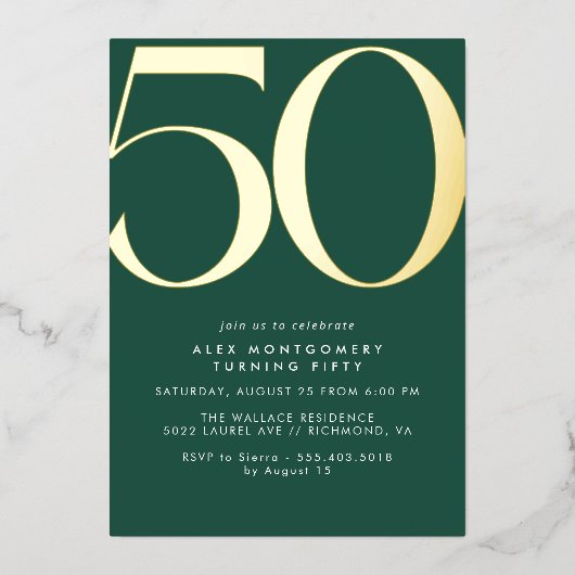 Smaragdgroen + goud | Cool Modern 50ste verjaardag Folie Uitnodiging (Voorkant)