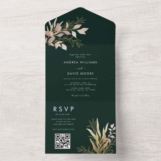 Smaragdgroen & Goud Groene QR Code RSVP Trouwen All In One Uitnodiging (Binnen)