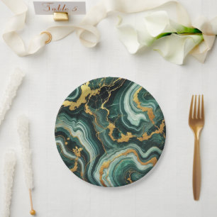 Smaragdgroen & Goud Marmer Look Glam Bruiloft Papieren Bordje