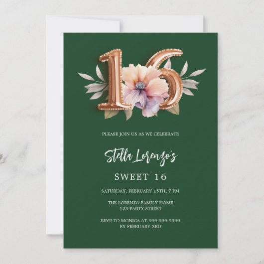 Smaragdgroen goud perzik bloemenzoet 16 luxe kaart (Voorkant)