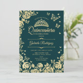 Smaragdgroen Goud Rozen Vlinders Quinceanera Kaart (Staand voorkant)