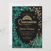 Smaragdgroen Goud Rozen Vlinders Quinceanera Kaart (Voorkant)