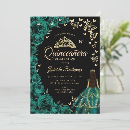 Smaragdgroen Goud Rozen Vlinders Quinceanera Kaart (Staand voorkant)