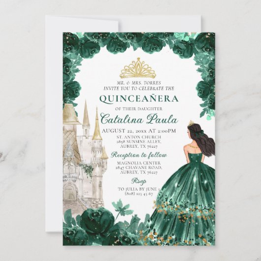 Smaragdgroen goud tiara prinses quinceañera kaart (Voorkant)