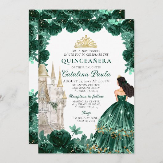 Smaragdgroen goud tiara prinses quinceañera kaart (Voorkant / Achterkant)