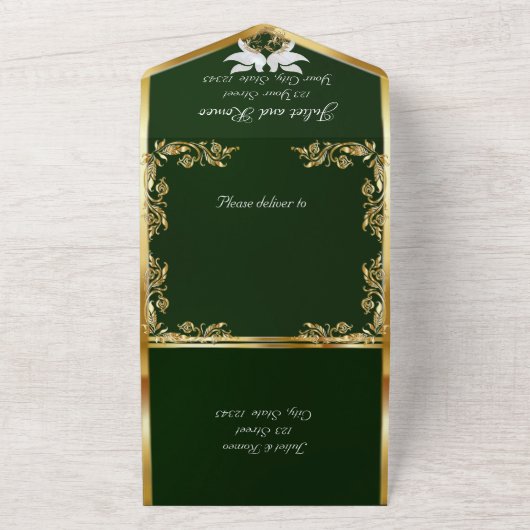 Smaragdgroen, gouden bladeren, duiven & hart all in one uitnodiging (Buitenkant)