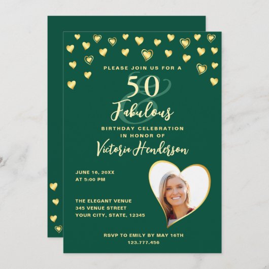 Smaragdgroen & Gouden Foto 50ste Verjaardag Kaart (Voorkant / Achterkant)