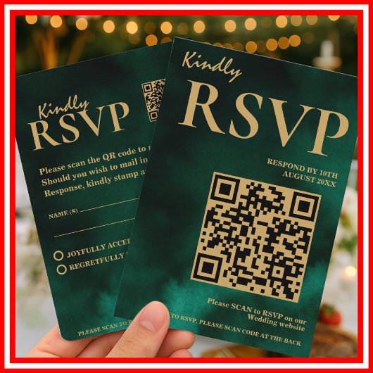 Smaragdgroen & Gouden Huwelijks QR Code RSVP Informatiekaartje