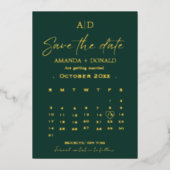 Smaragdgroen & Gouden Kalender Bruiloft Sla de dat Folie Uitnodiging (Voorkant)