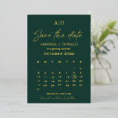Smaragdgroen & Gouden Kalender Bruiloft Sla de dat Folie Uitnodiging (Staand Voorkant)