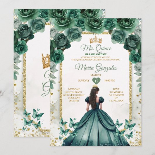 Smaragdgroen & Gouden Kroon Mis Quince Vlinder Kaart (Voorkant / Achterkant)