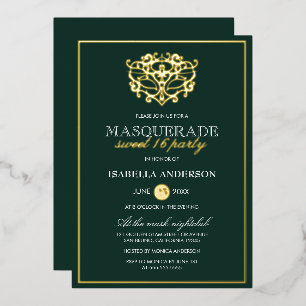 Smaragdgroen & Gouden Masquerade Sweet 16-feest Folie Uitnodiging
