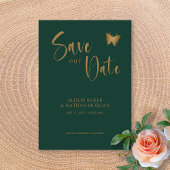 Smaragdgroen & Gouden Script met Glitter Butterfly Save The Date