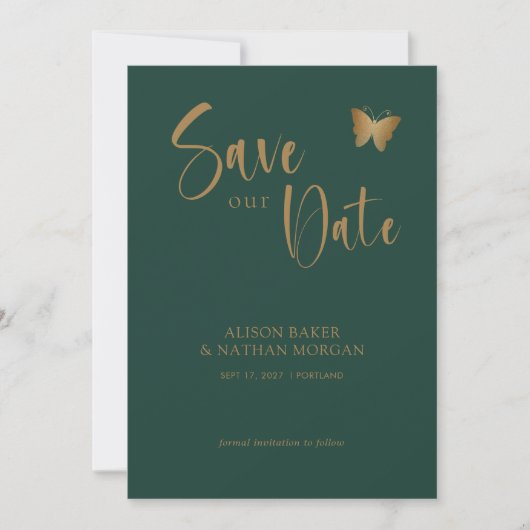 Smaragdgroen & Gouden Script met Glitter Butterfly Save The Date (Voorkant)