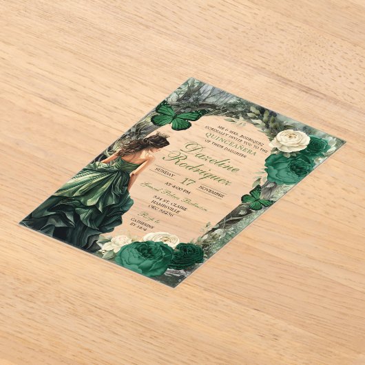 Smaragdgroen grillig bos Quinceanera Acryl Uitnodigingen (Laagn)