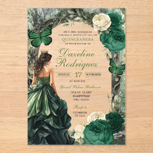 Smaragdgroen grillig bos Quinceanera Acryl Uitnodigingen (Voorkant)