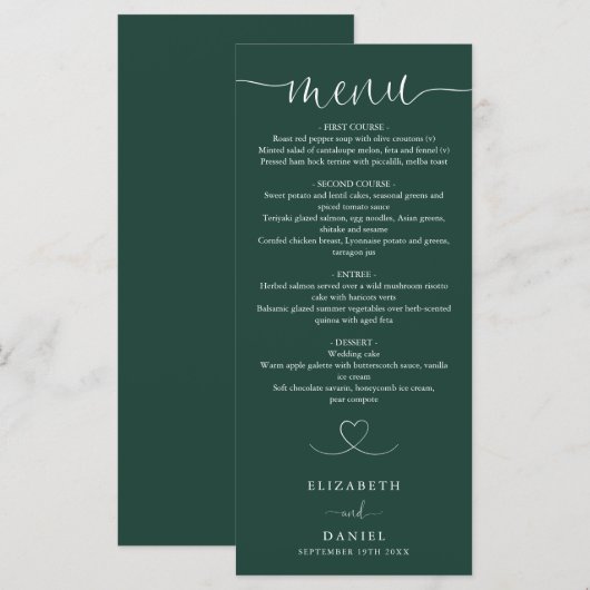Smaragdgroen Hart Script Trouwdiner Menu (Voorkant / Achterkant)