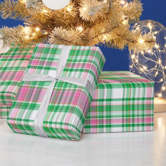 Smaragdgroen, heet roze, wit preppy Madras-ruting Cadeaupapier (Feestdagen)