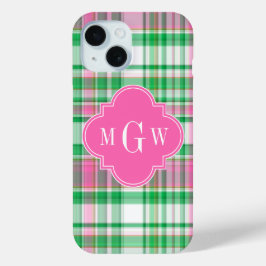 Smaragdgroen Heet Roze Witte Preppy Madras Monogra iPhone 15 Case