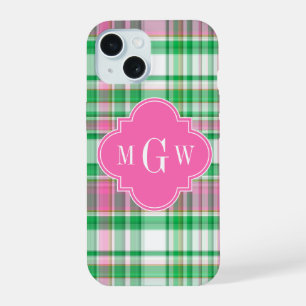 Smaragdgroen Heet Roze Witte Preppy Madras Monogra iPhone 15 Case