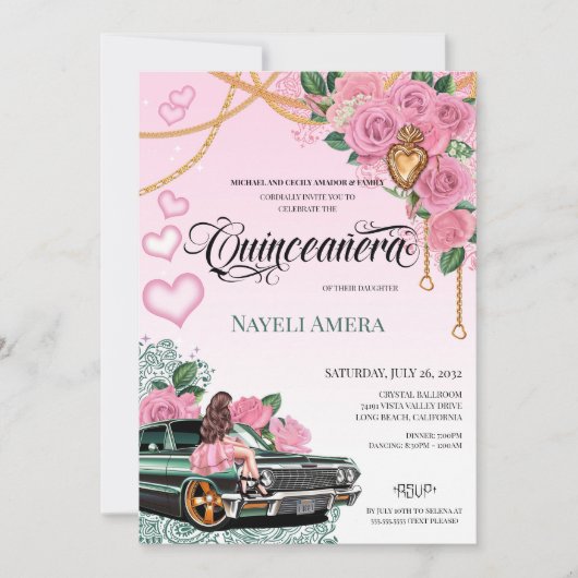 Smaragdgroen Lowrider Roze Rose Chola Quinceanera Kaart (Voorkant)