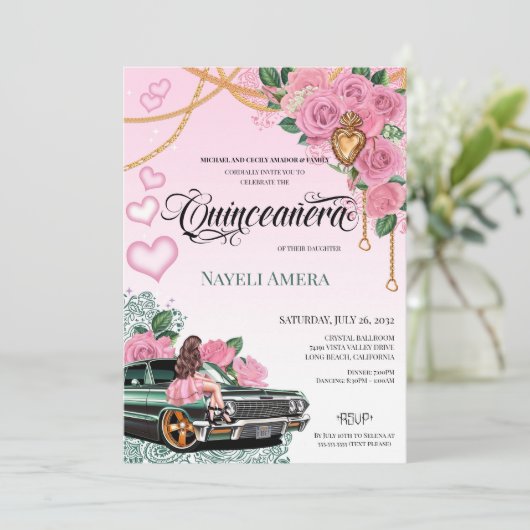 Smaragdgroen Lowrider Roze Rose Chola Quinceanera Kaart (Staand voorkant)