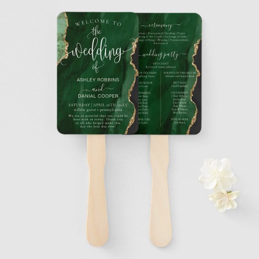 Smaragdgroen minimaal huwelijksprogramma handwaaier (Voorkant en achterkant)