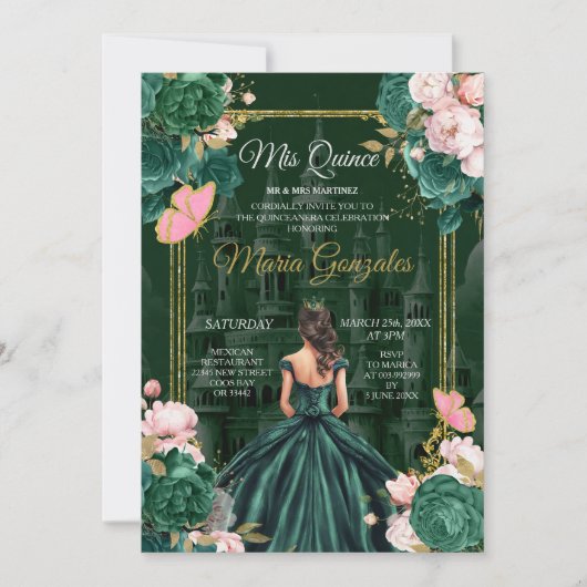 Smaragdgroen Mis Quince Floral Quinceañera Kaart (Voorkant)