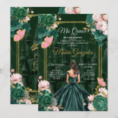 Smaragdgroen Mis Quince Floral Quinceañera Kaart (Voorkant / Achterkant)