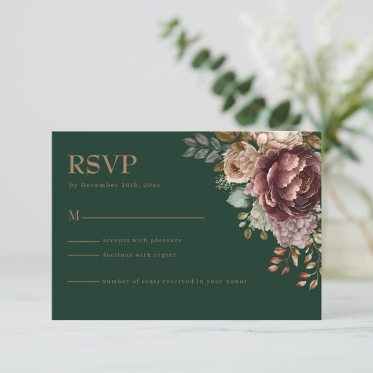 Smaragdgroen Modern Floral Wedding RSVP Kaart (Staand voorkant)