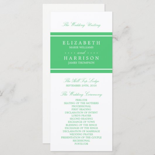 Smaragdgroen Modern huwelijksprogramma Programmakaart (Voorkant / Achterkant)