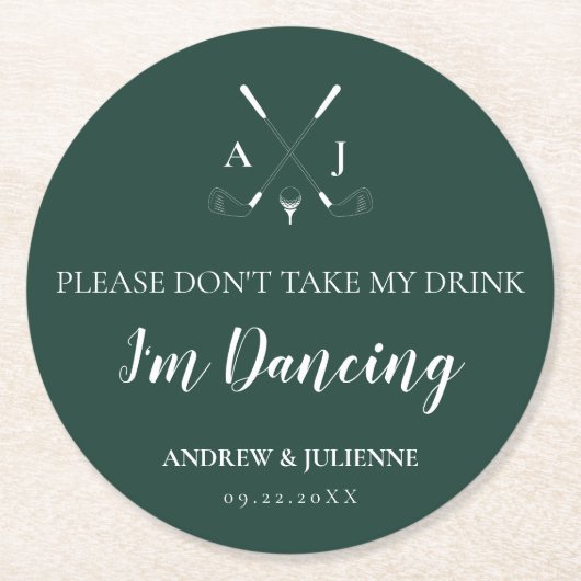 Smaragdgroen Modern Monogram Golf Bruiloft Ronde Kartonnen Onderzetter (Voorkant)