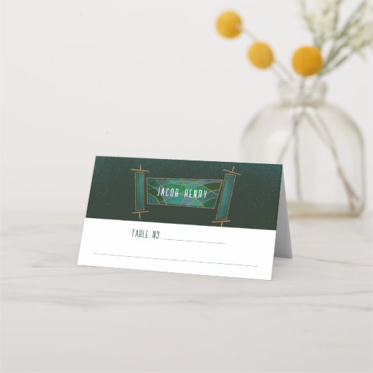 Smaragdgroen Mozaïek Torah Scroll Bar/Bat Mitzvah Plaatskaartje (Voorkant)