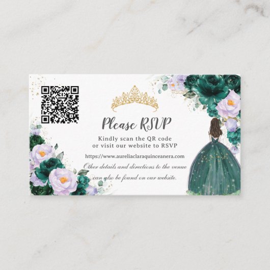 Smaragdgroen Paarse Bloemen Quinceañera QR Code Informatiekaartje (Voorkant)