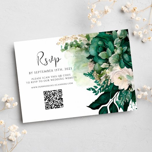 Smaragdgroen QR Code Bloemen Botanische Bruiloft RSVP Kaartje
