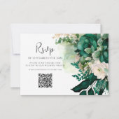 Smaragdgroen QR Code Bloemen Botanische Bruiloft RSVP Kaartje (Voorkant)