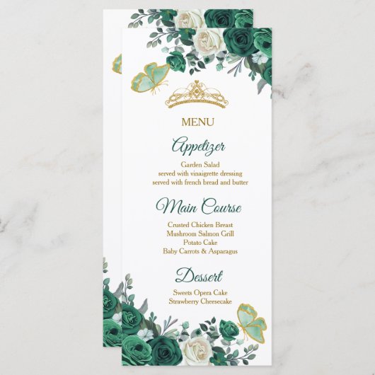 Smaragdgroen Quinceañera Menu Kaart (Voorkant / Achterkant)