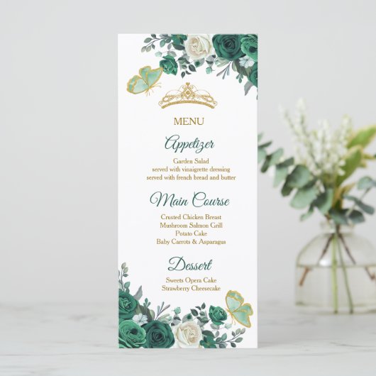 Smaragdgroen Quinceañera Menu Kaart (Staand voorkant)